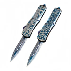 Blue titanium alloy straight out switchblade knife